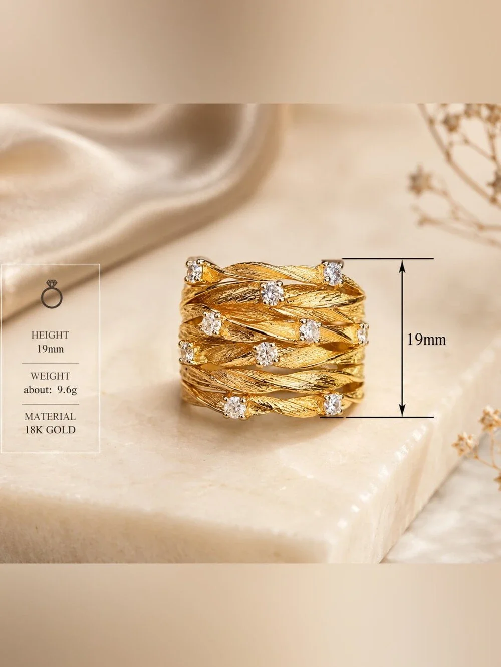 Textured Gold Multi-Band Ring with Clear Stones - Women Jewelry
